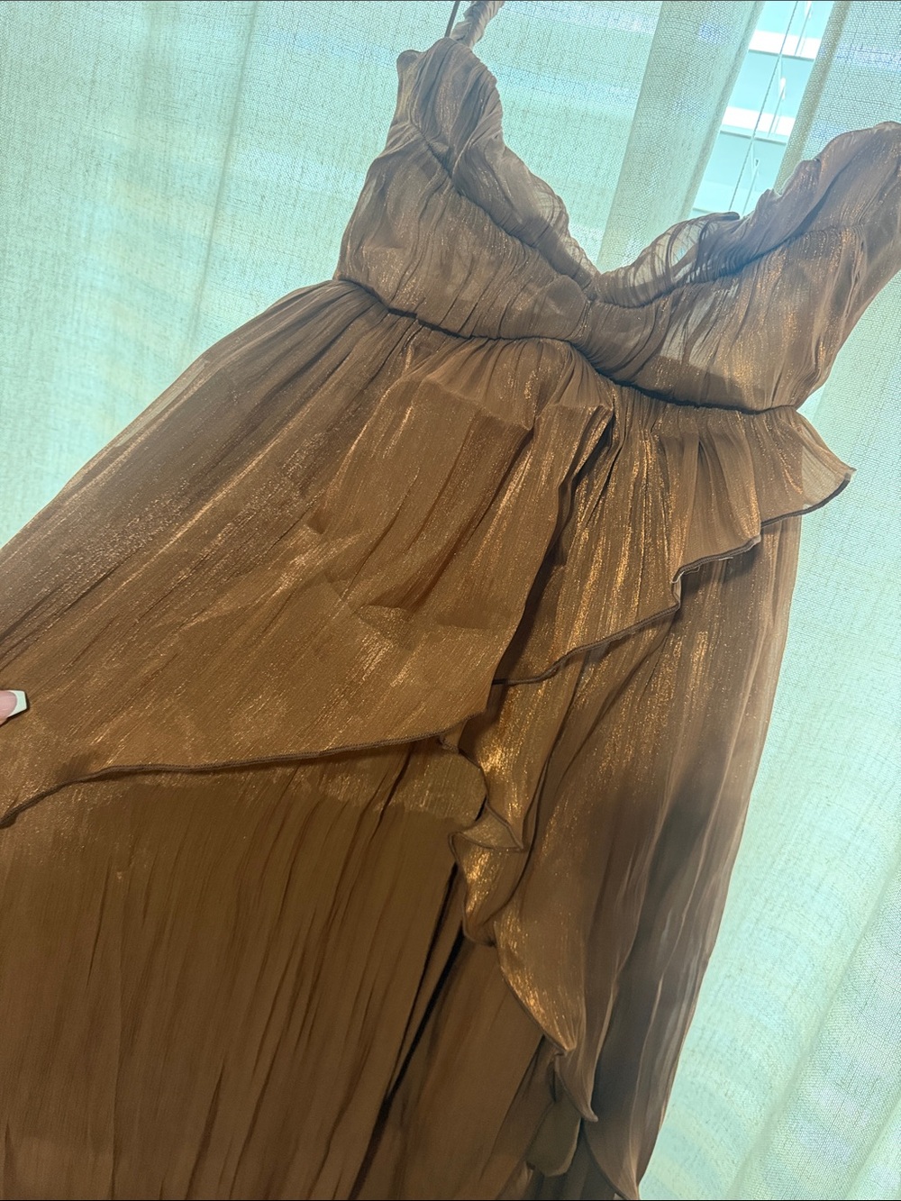 Brown Ruffle Chiffon High-Low Maxi Dress - Picture 3 of 4